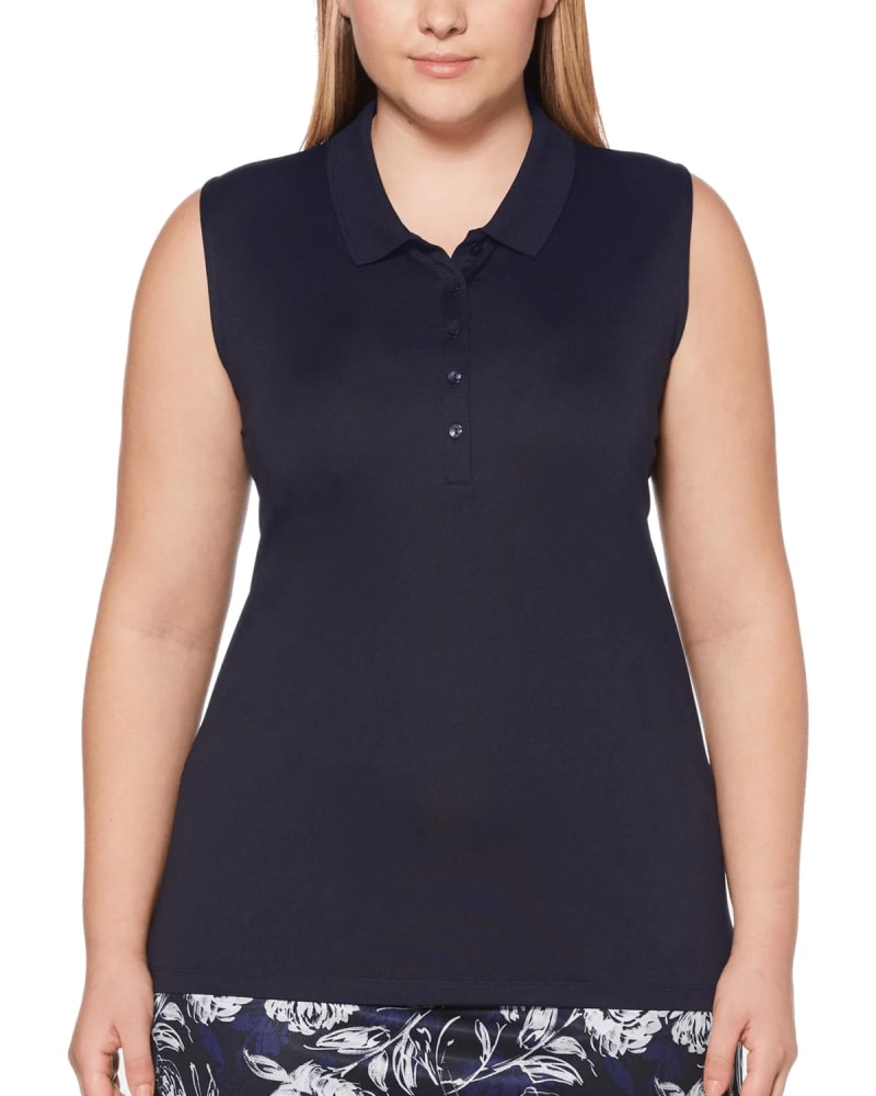 Front of a model wearing a size 2X Callaway Women's Plus Polo Top Ribbed Button Down Peacoat Blue Size 2X in Blue by Callaway. | dia_product_style_image_id:311203